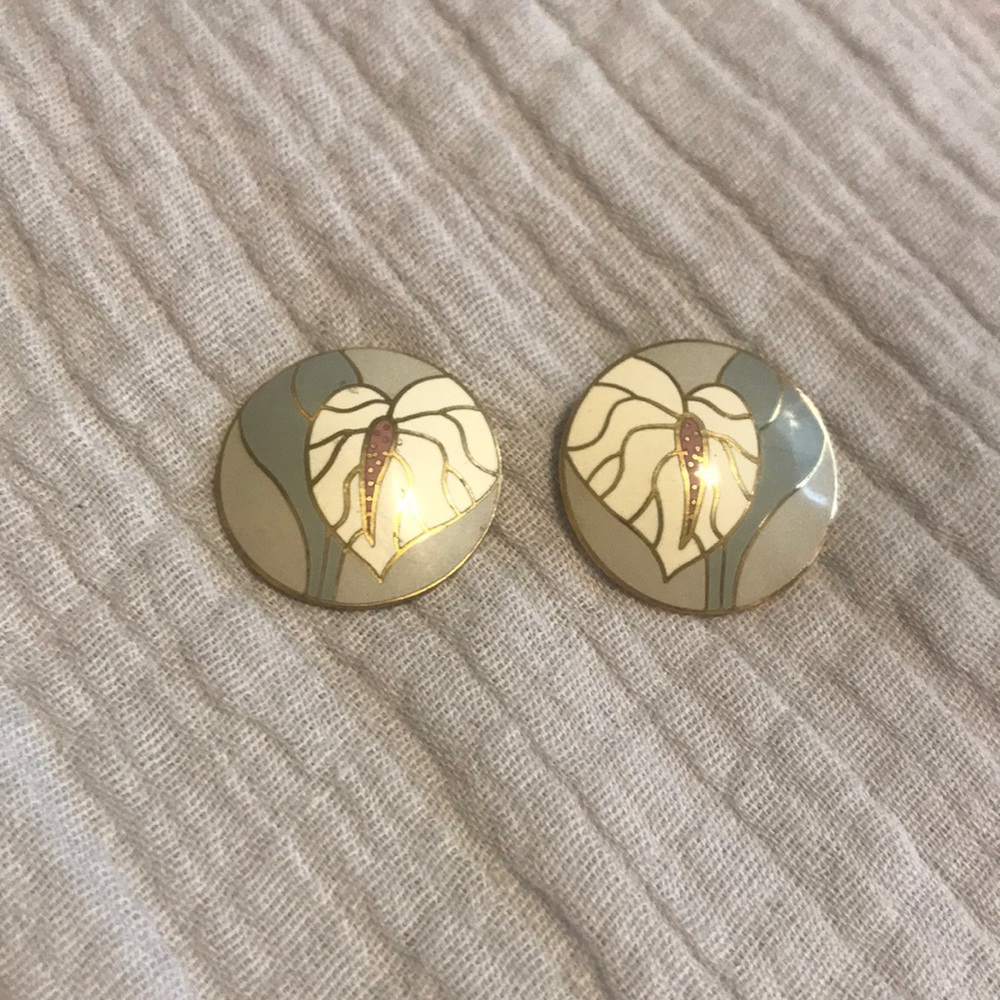 Vintage Laurel Burch Earrings Gold Gray White Pink